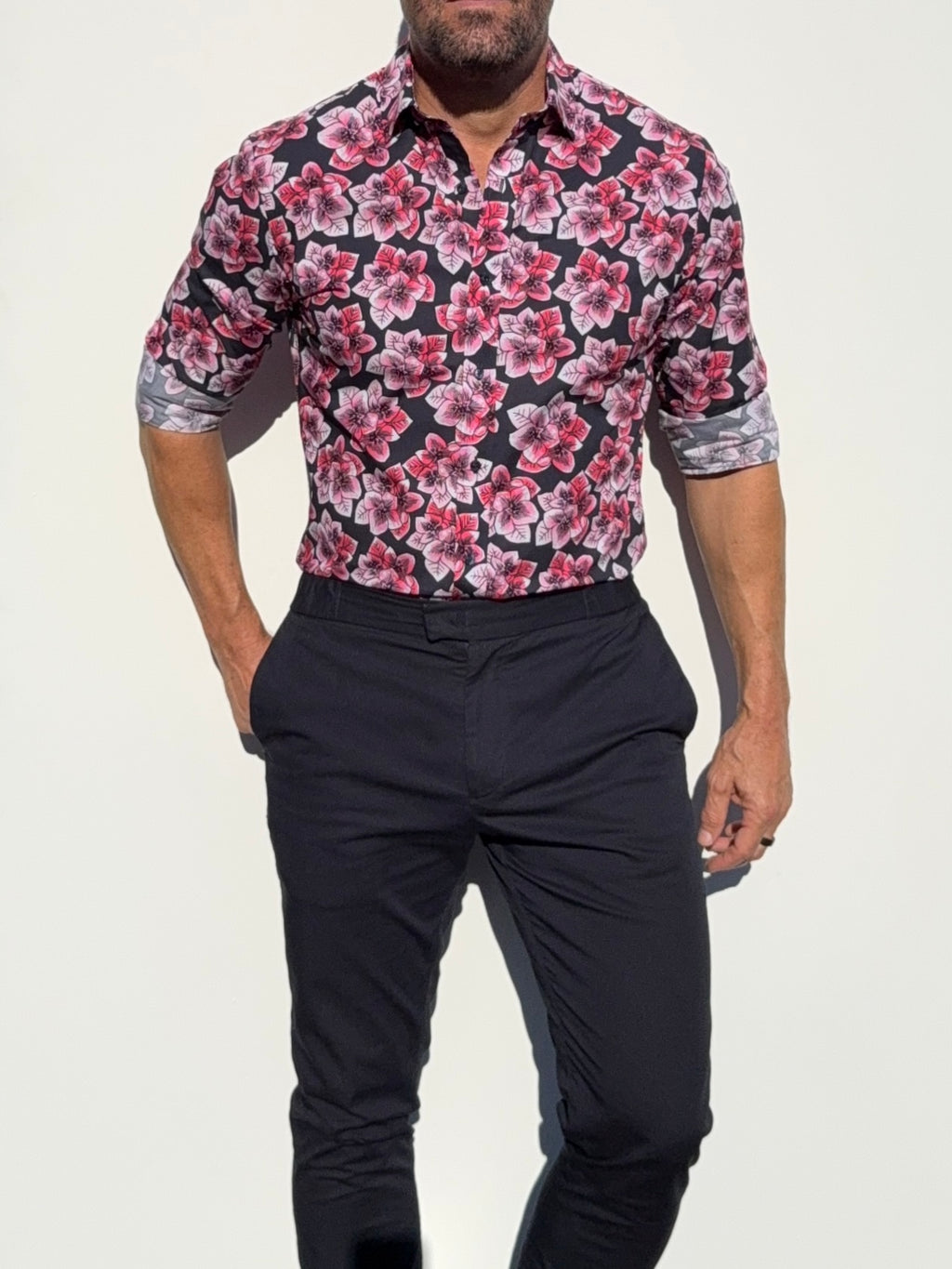Pink Flowers Party Shirt - Red on Navy