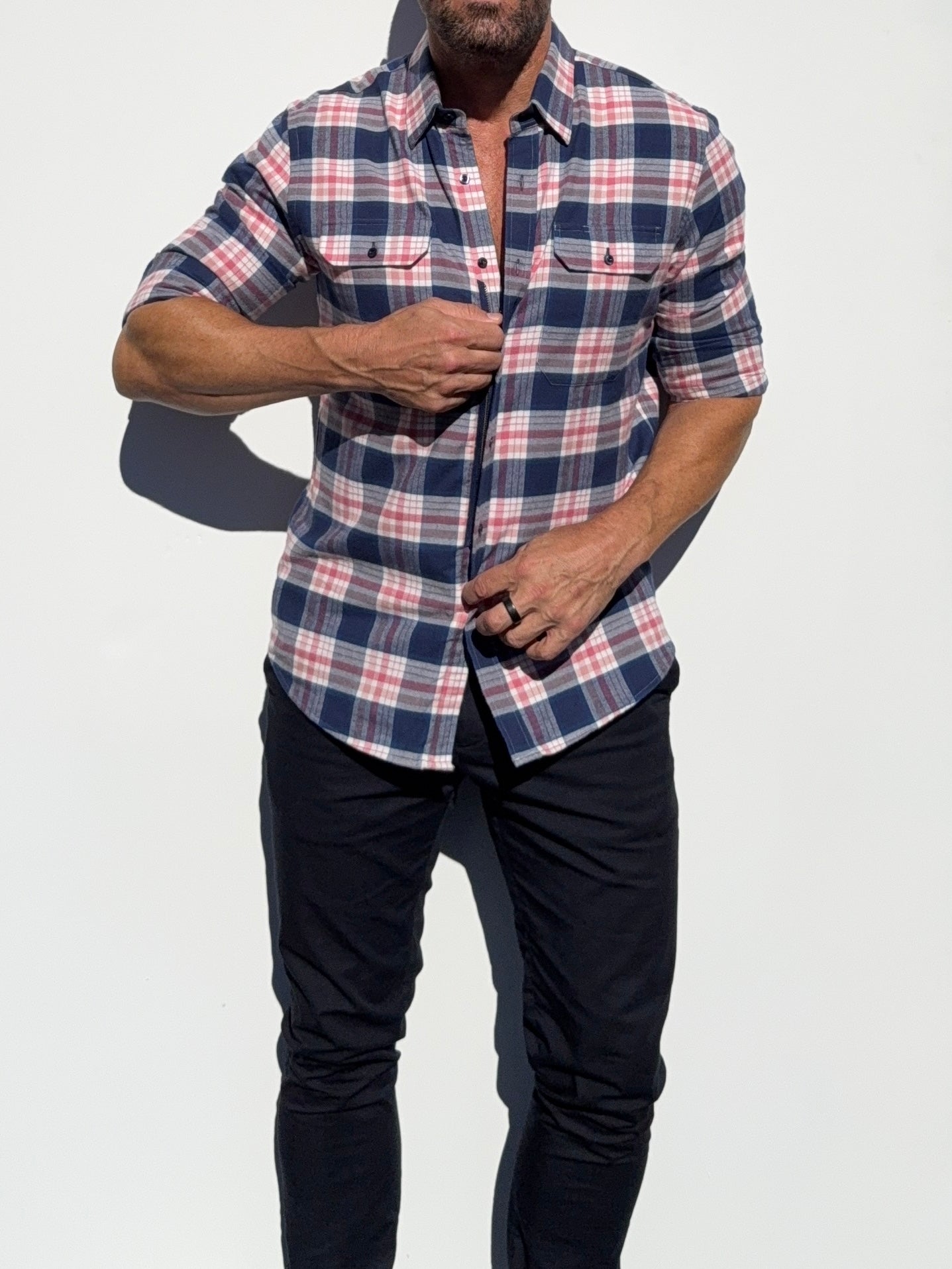 The Utility Shirt in Plaid Flannel - Navy & Pink Plaid Flannel- SB #644