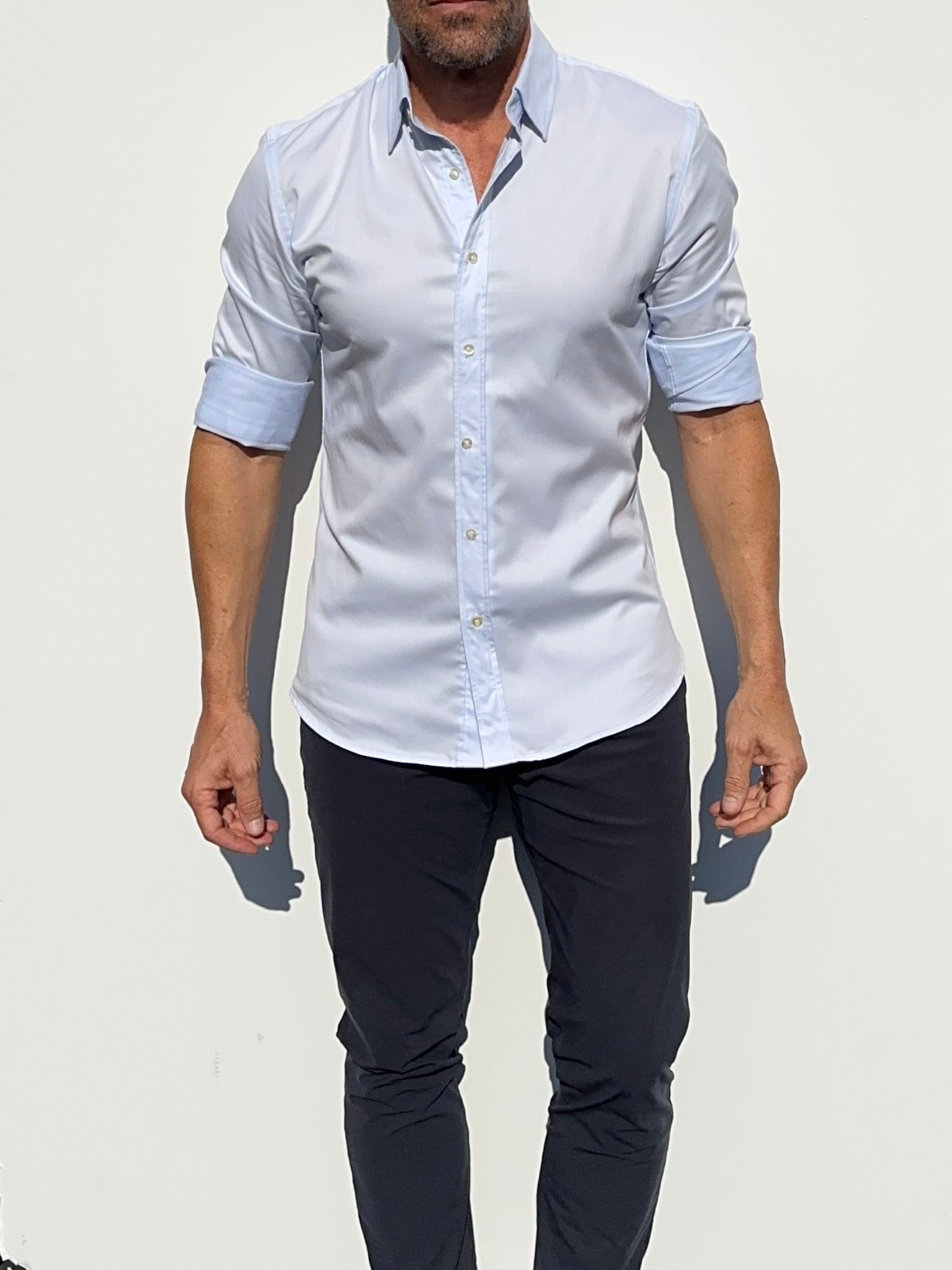 light blue dress shirt and black pants Mens Tailored Athlete Light Blue Muscle Fit Dress Shirt Large
