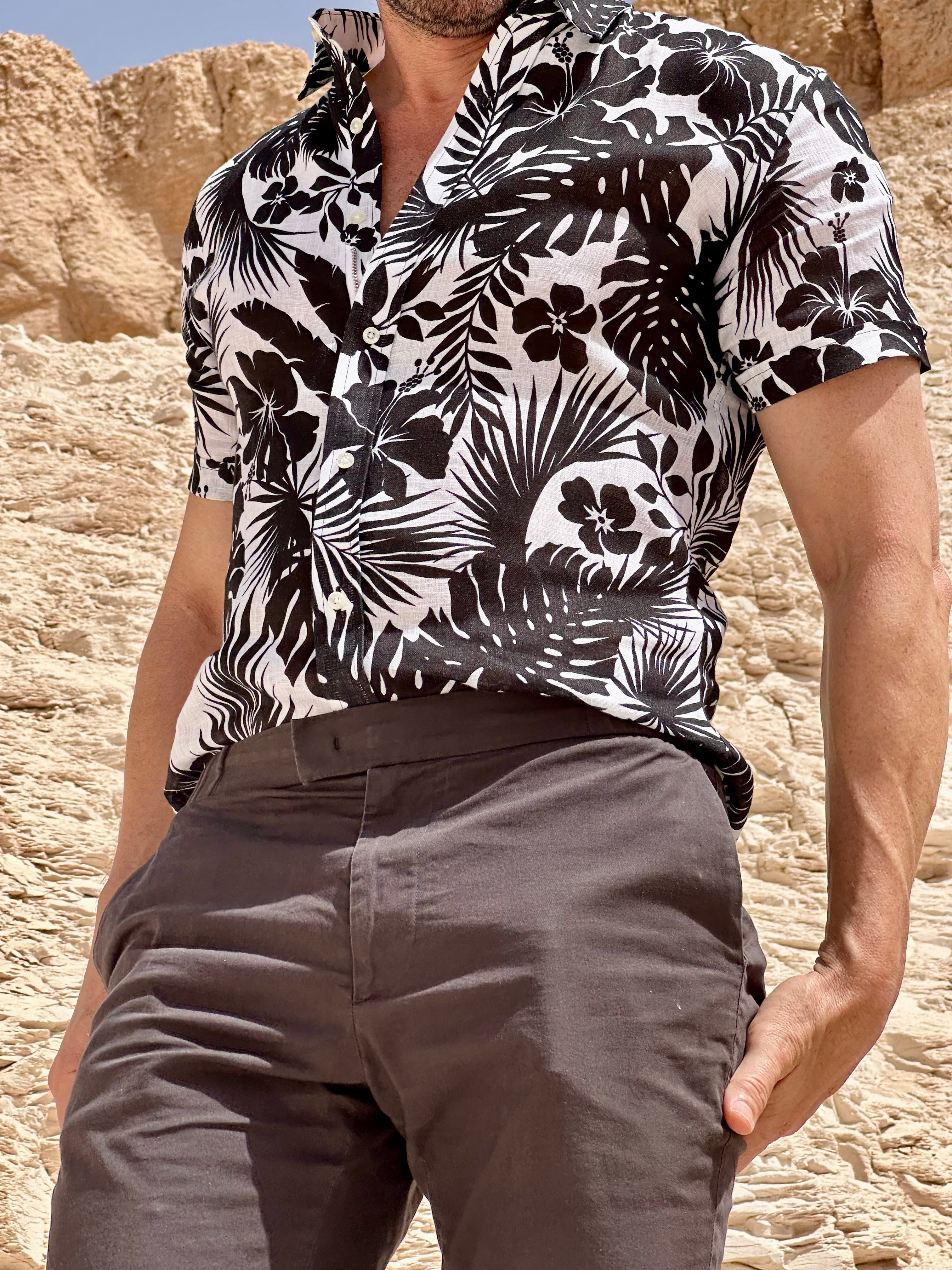 Linen Floral Party Shirt - Black Flowers on White