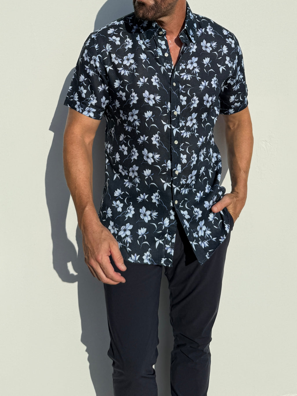 White Flowers on Navy Linen Party Shirt - White Flowers on Navy