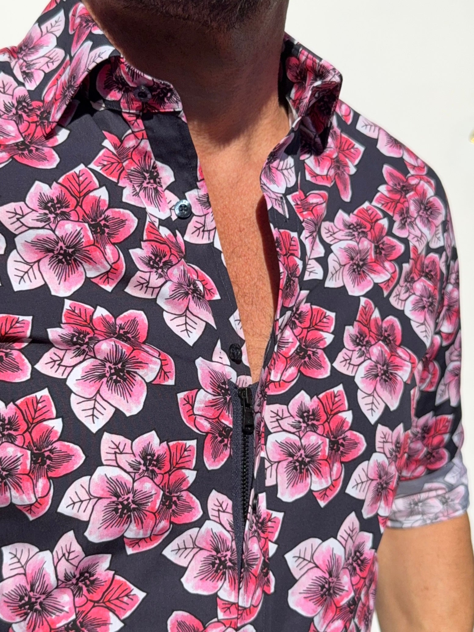 Pink Flowers Party Shirt - Red on Navy