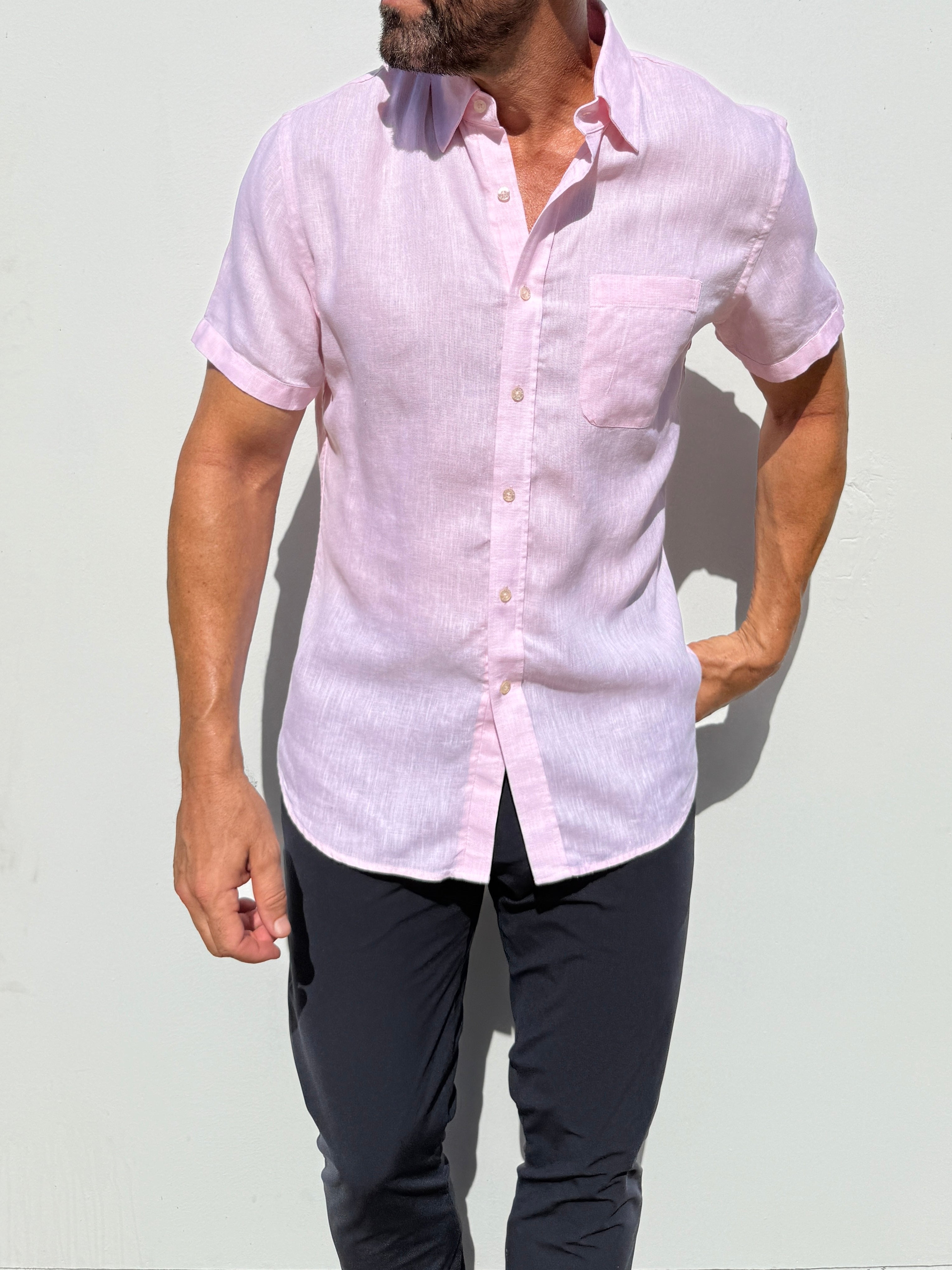 Short Sleeve 1-Pocket Linen Shirt - Pink