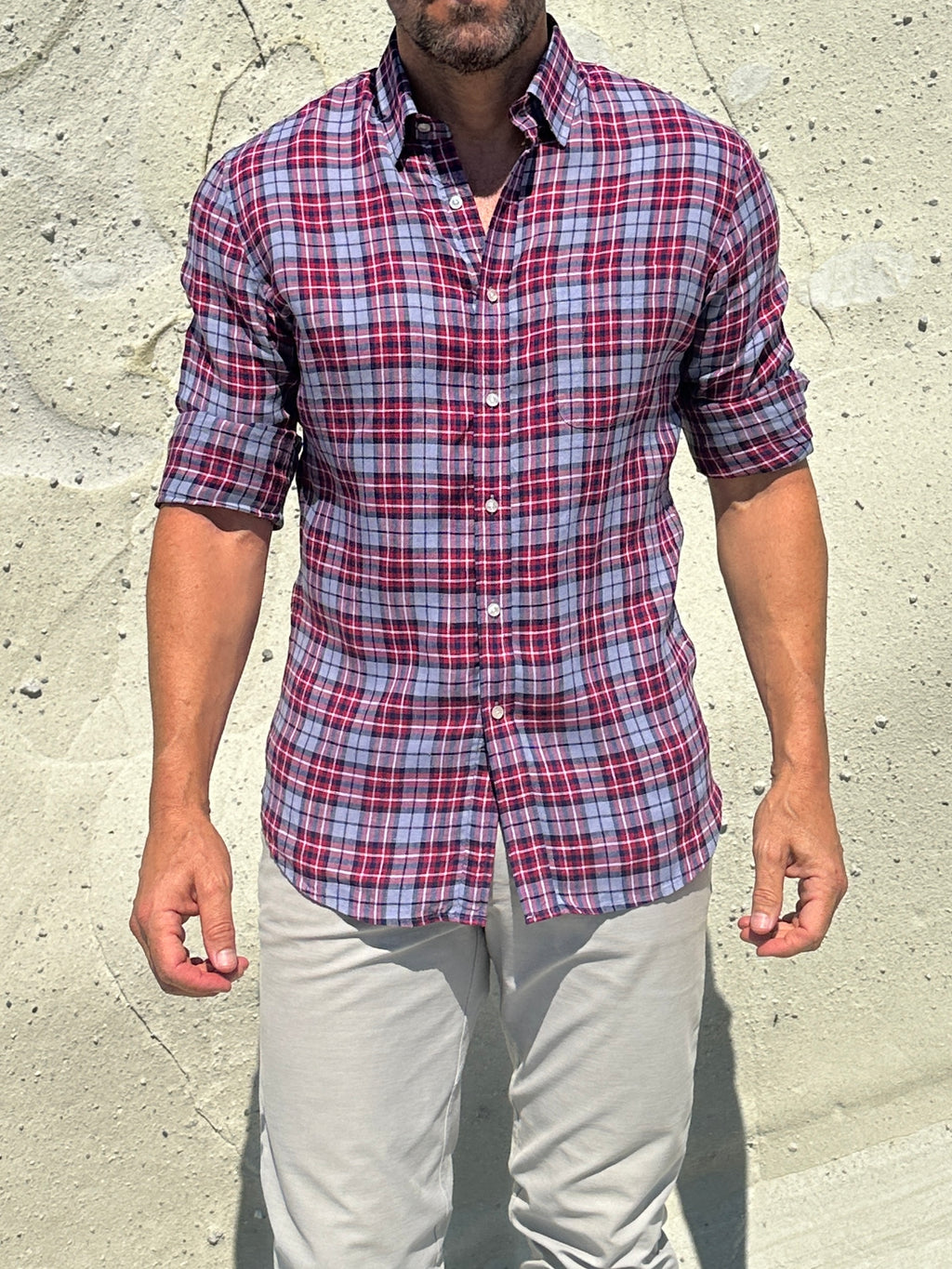 Plaid Linen - Red on Light Gray Plaid Linen