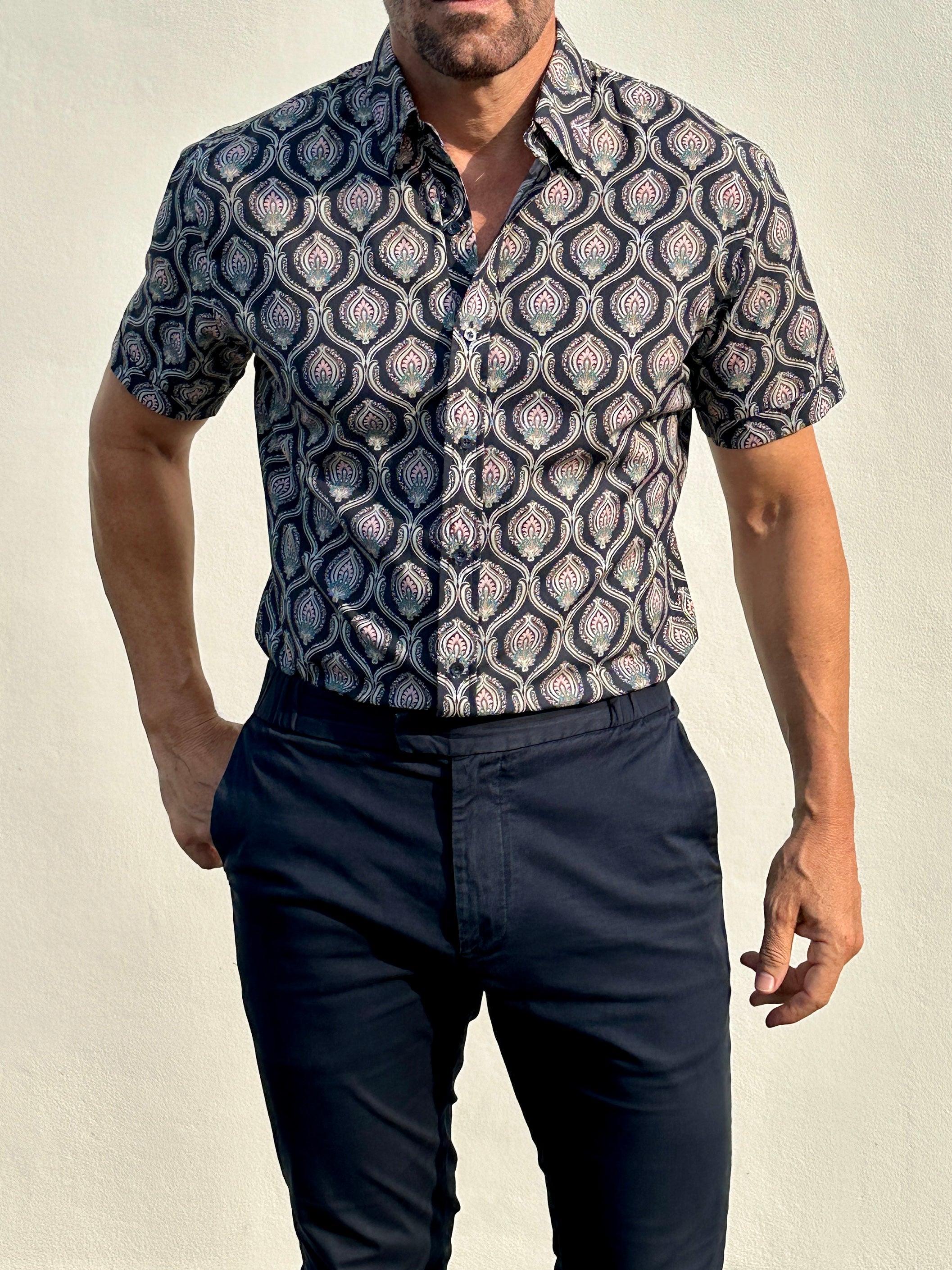 Short Sleeve Ornate Party Shirt - Midnight Blue