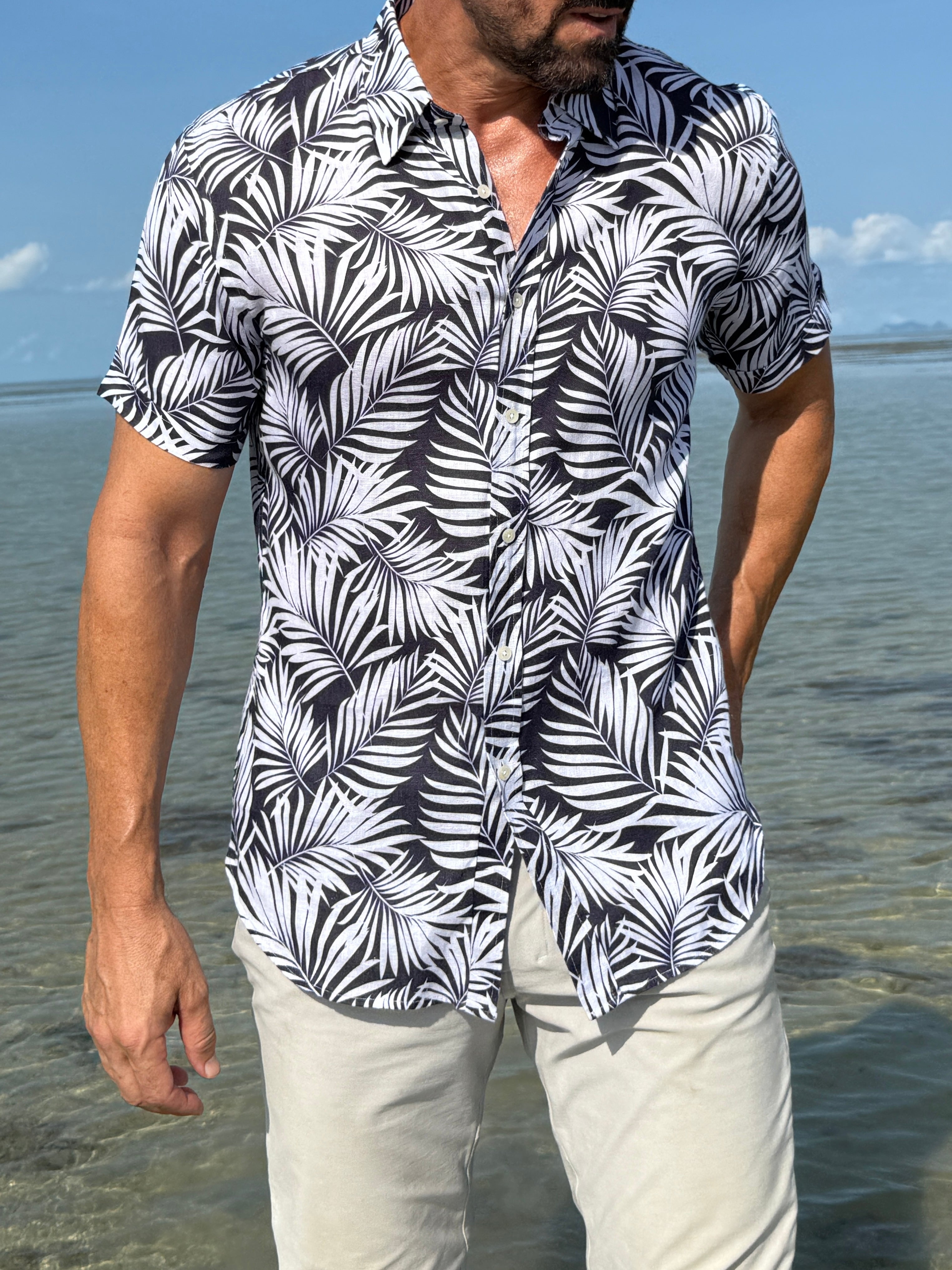 Navy Palms on Linen - Navy Palms on Linen