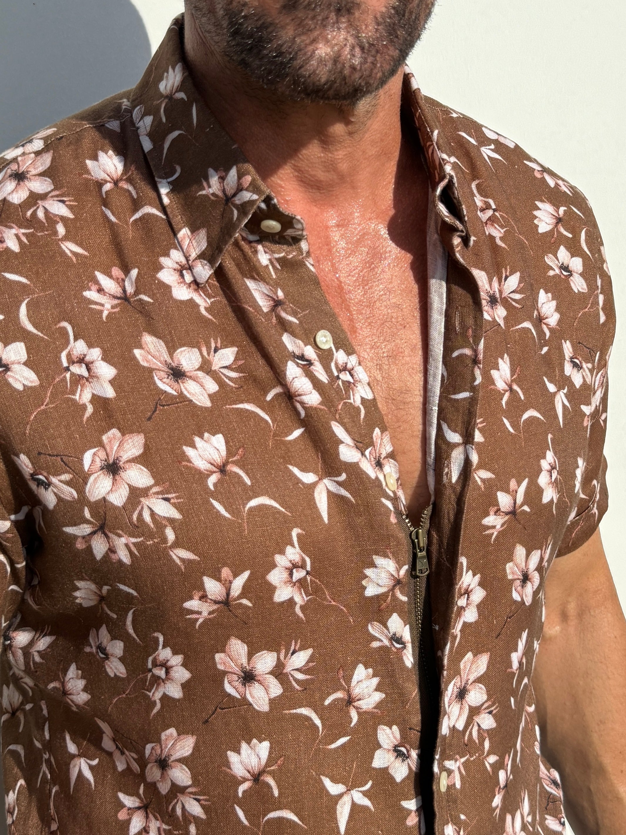 White Flowers on Brown Linen - White Flowers on Brown Linen