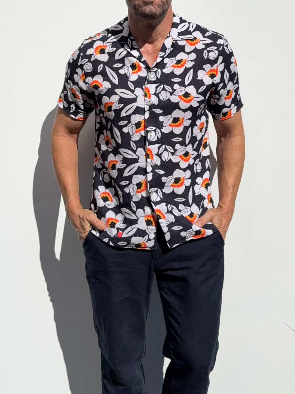 Orange & Navy Camp Party Shirt on Linen- Small Batch #677