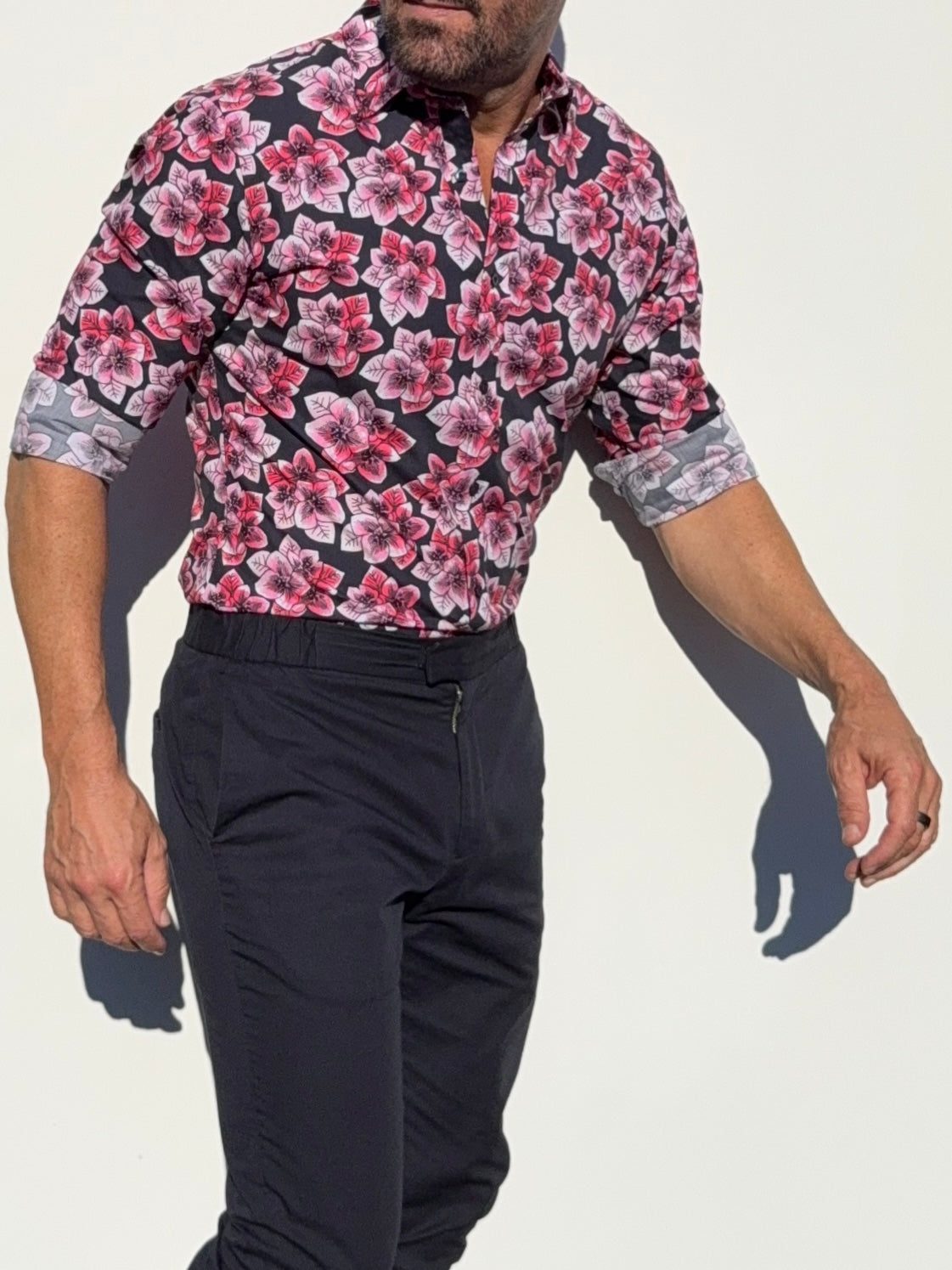 Pink Flowers Party Shirt - Red on Navy