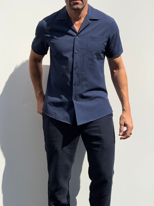 Seersucker Camp Collar - Navy - Small Batch #699