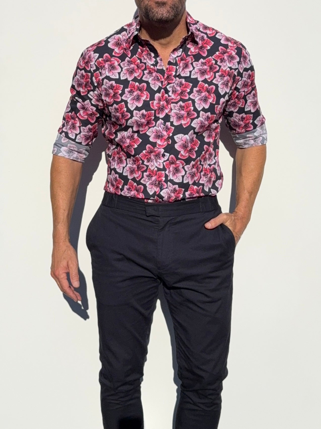 Pink Flowers Party Shirt - Red on Navy