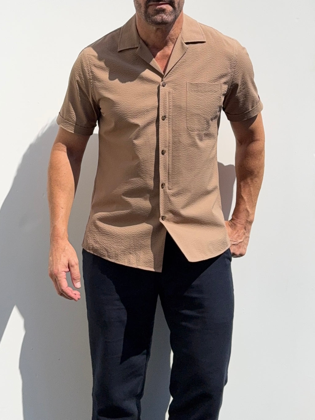 Seersucker Camp Collar- Camel- Small Batch #698