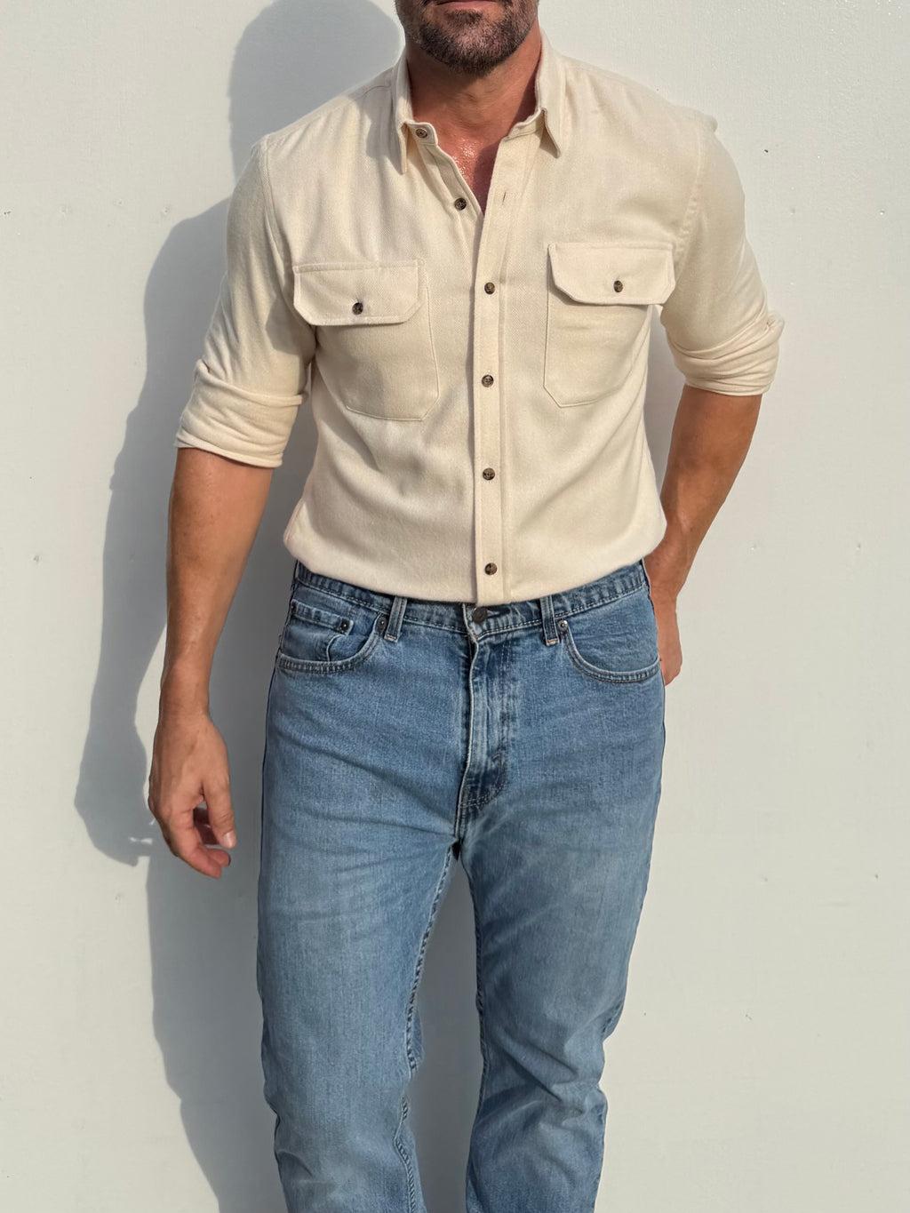 The Utility Shirt in Herringbone Flannel - Ivory