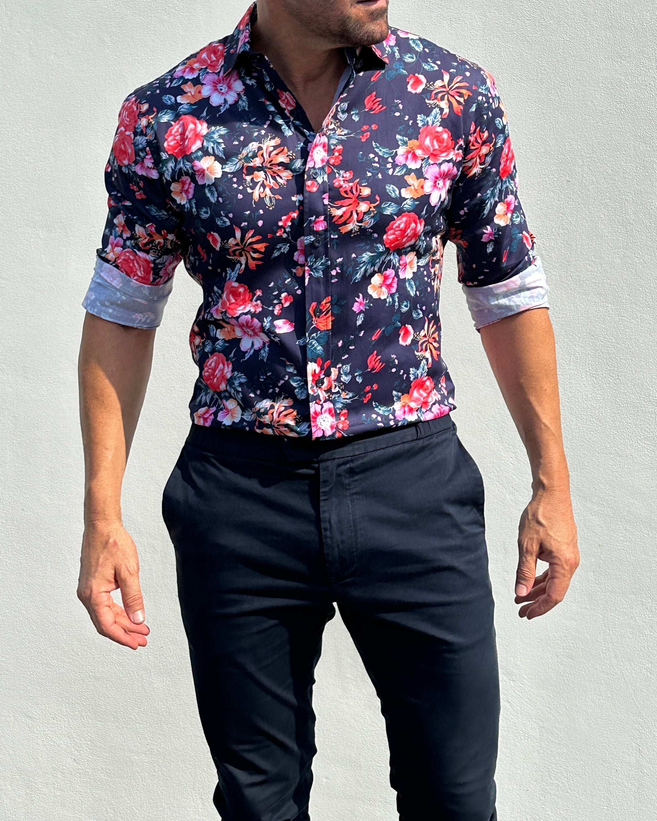 Rose Garden Party Shirt - Rose Garden on Navy