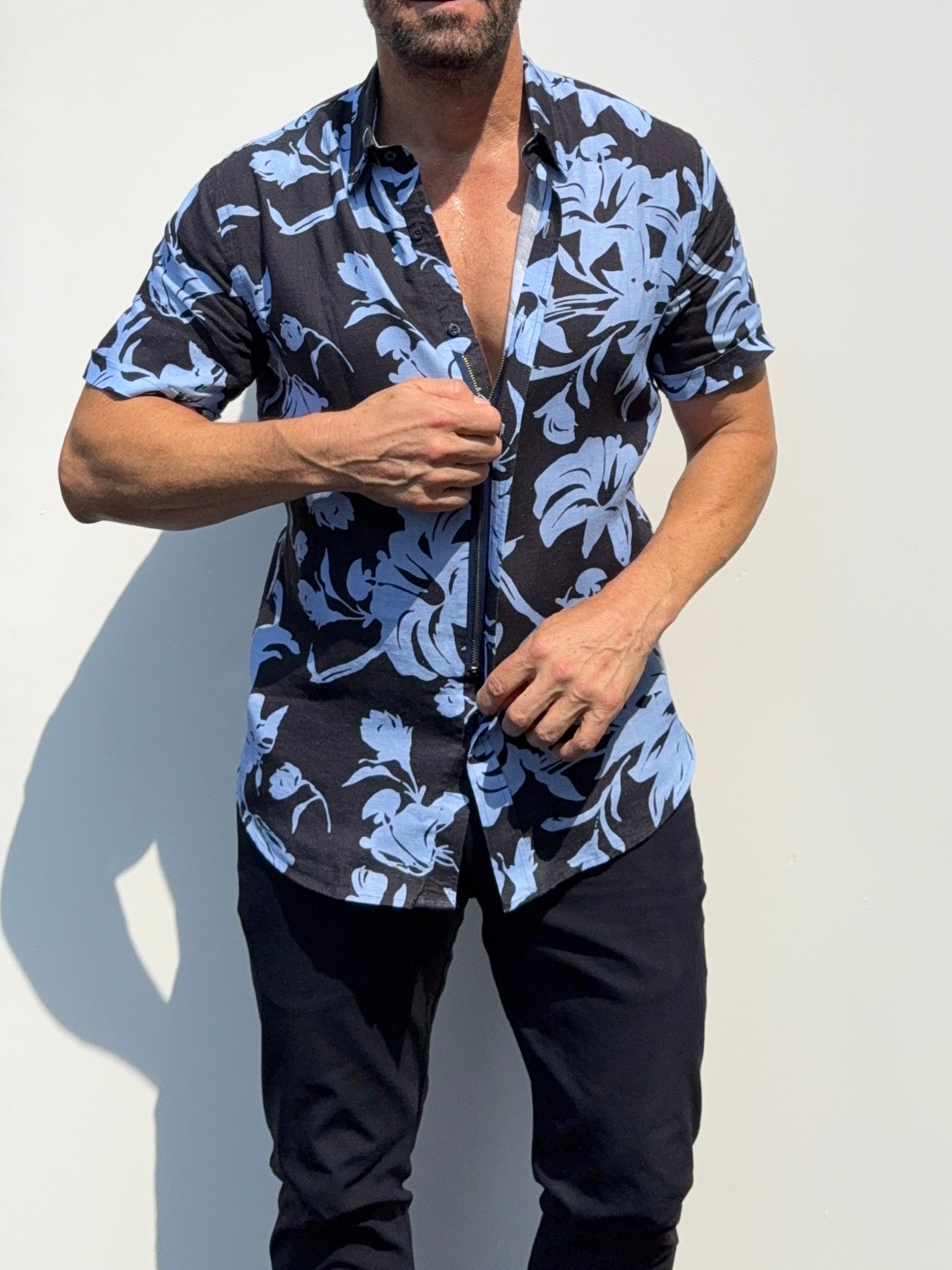 Abstract Flowers Party Shirt on Linen- Small Batch #683