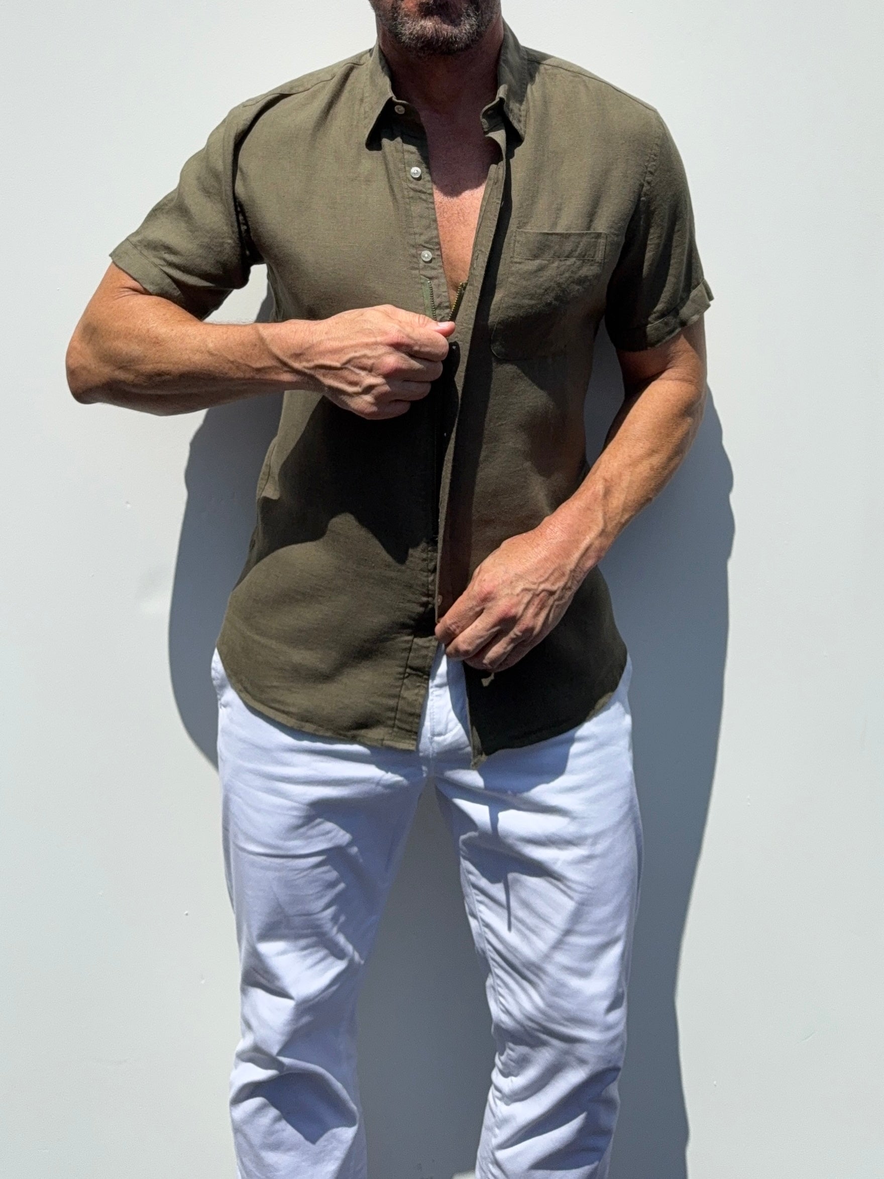 Short Sleeve 1-Pocket Robust Linen - Khaki Green