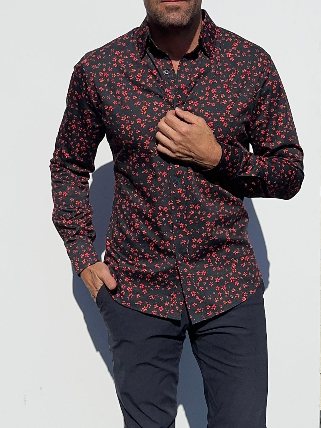 Red Floral Party Shirt - Red Flowers on Navy