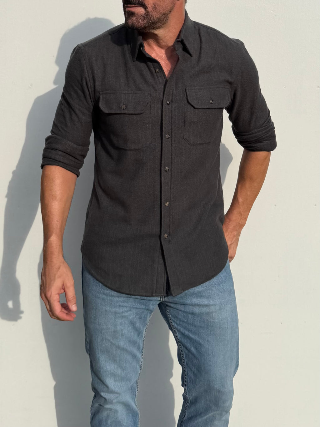 The Utility Shirt in Herringbone Flannel - Dark Olive