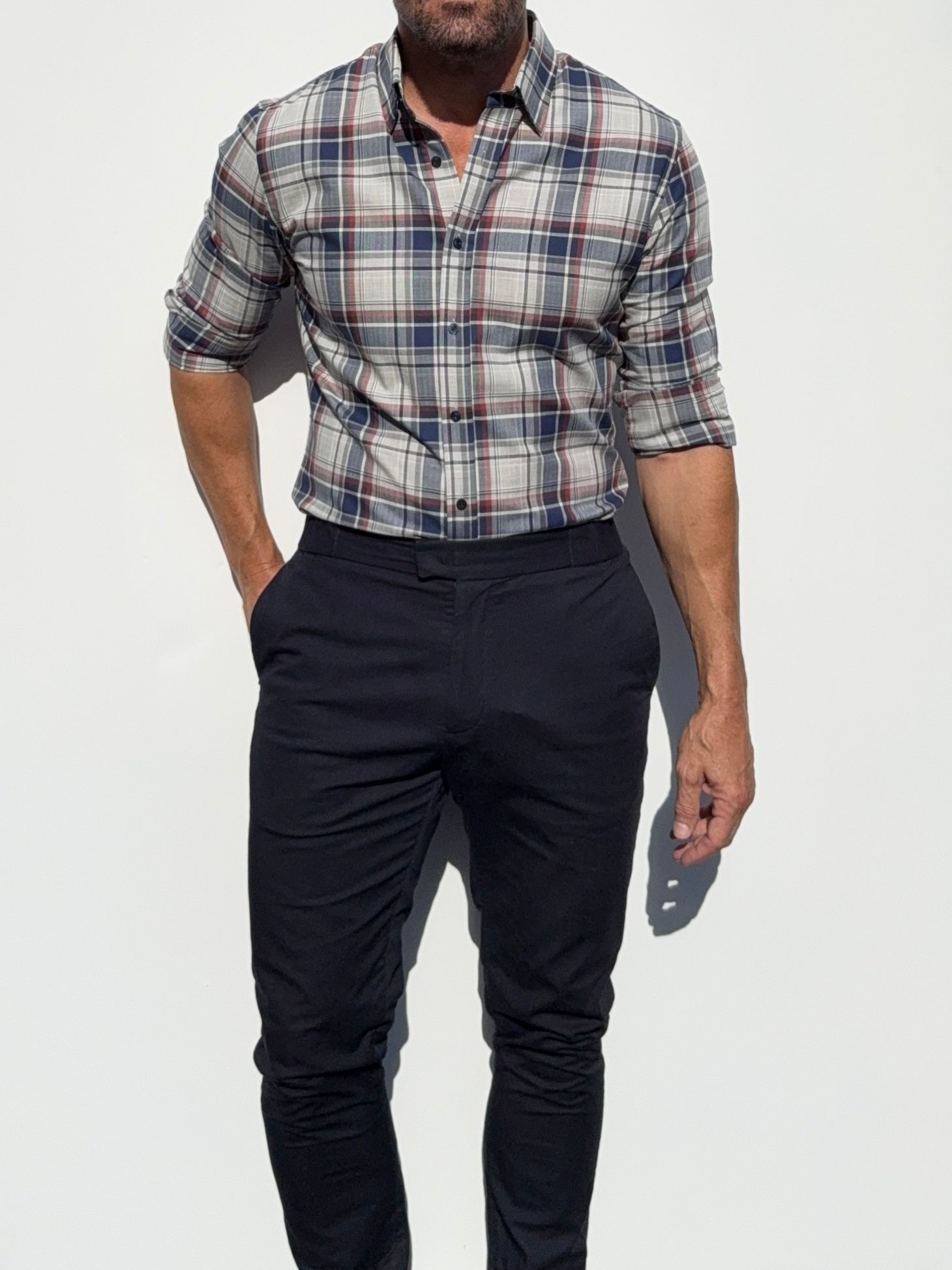 No-Pocket Unbrushed Flannel - Gray & Navy Plaid