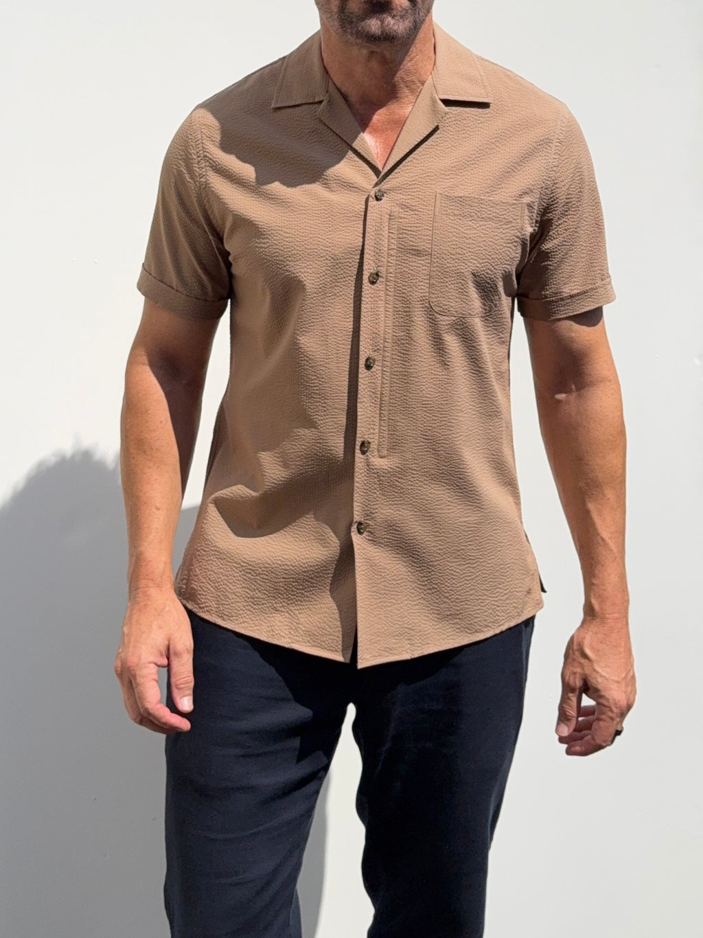 Seersucker Camp Collar- Camel- Small Batch #698