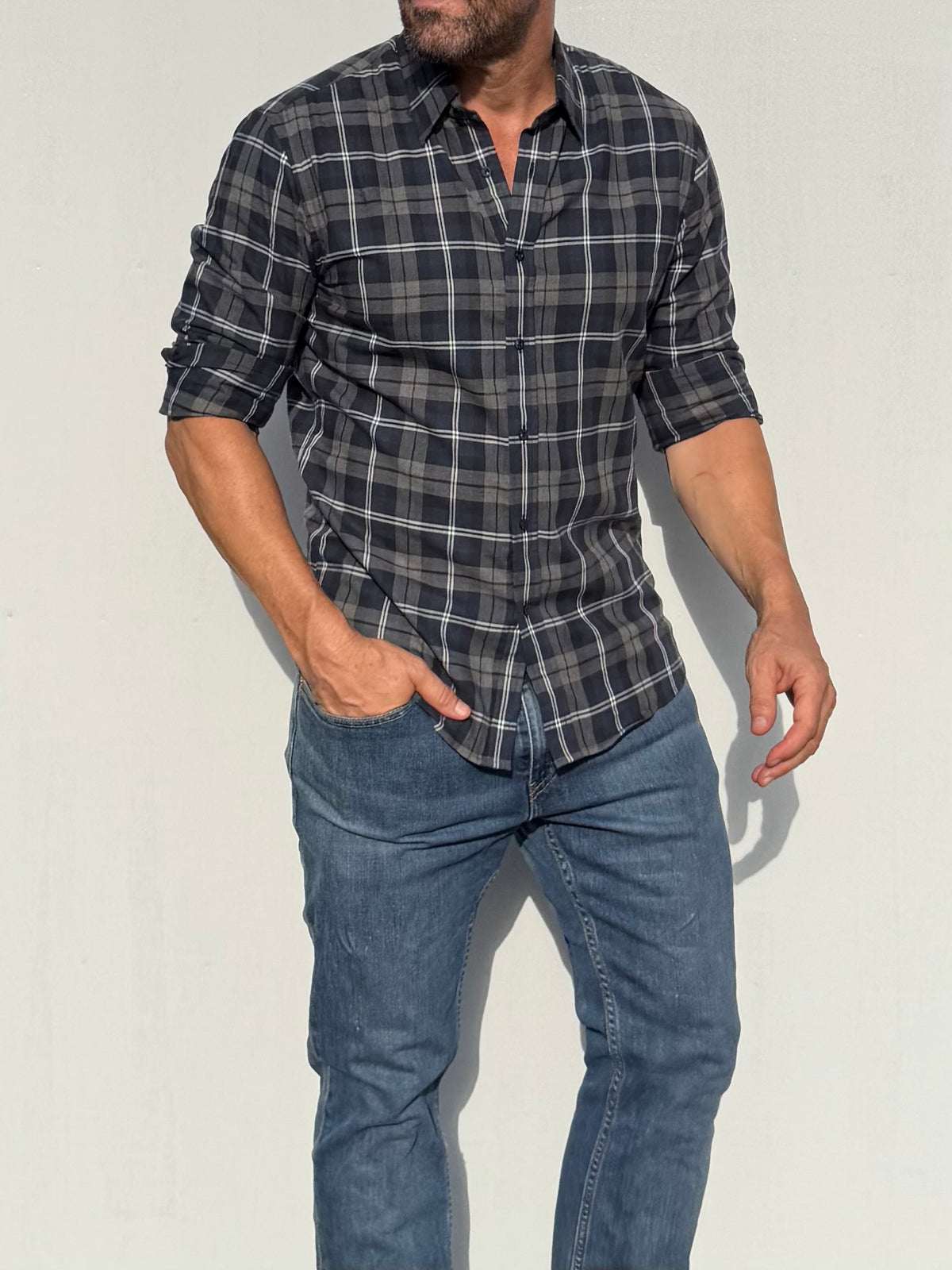 Dress Flannel - Navy, Gray & White Plaid