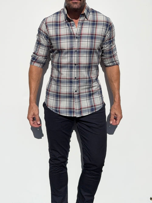 No-Pocket Unbrushed Flannel - Gray & Navy Plaid