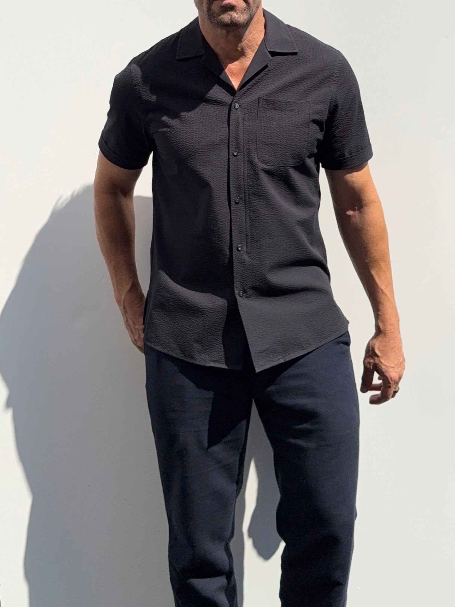 Seersucker Camp Collar- Black- Small Batch #697