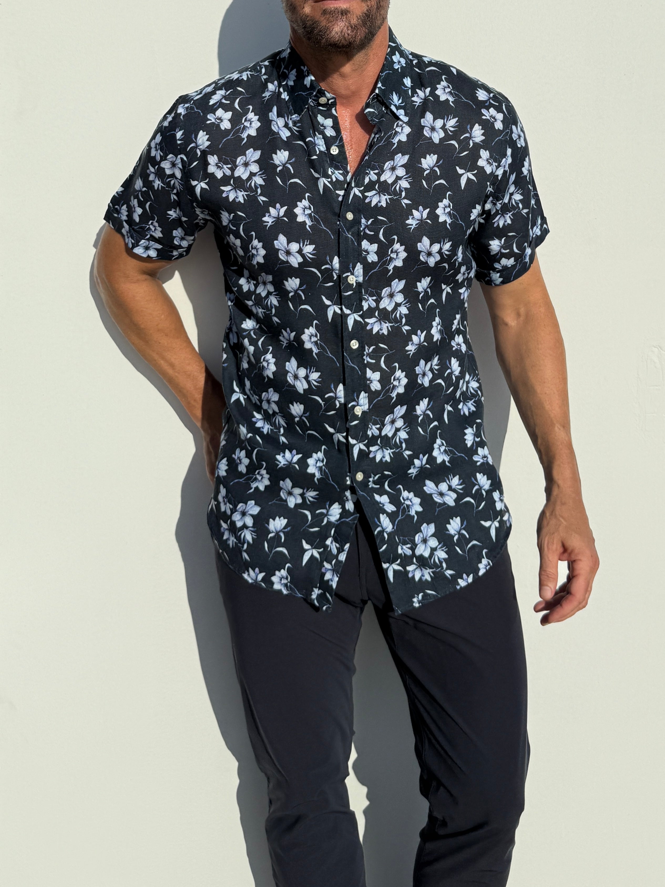 White Flowers on Navy Linen Party Shirt - White Flowers on Navy
