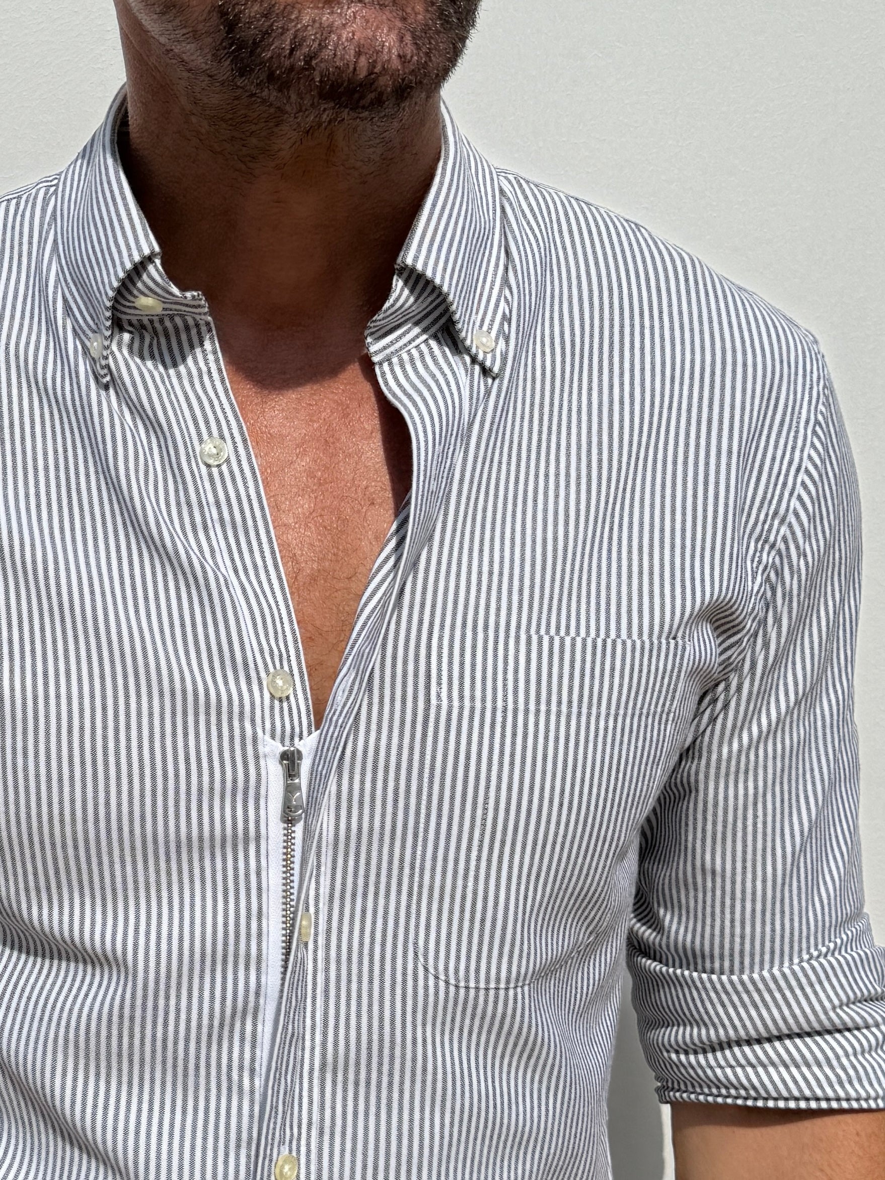 The Striped OCBD: Oxford Cloth Button Down in Charcoal - Charcoal Pinstripe