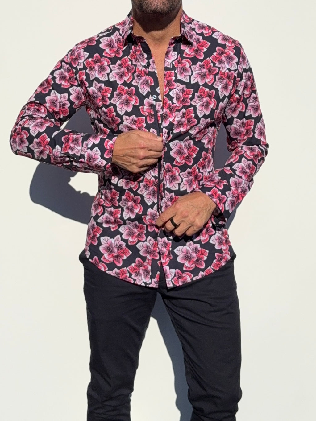 Pink Flowers Party Shirt - Red on Navy
