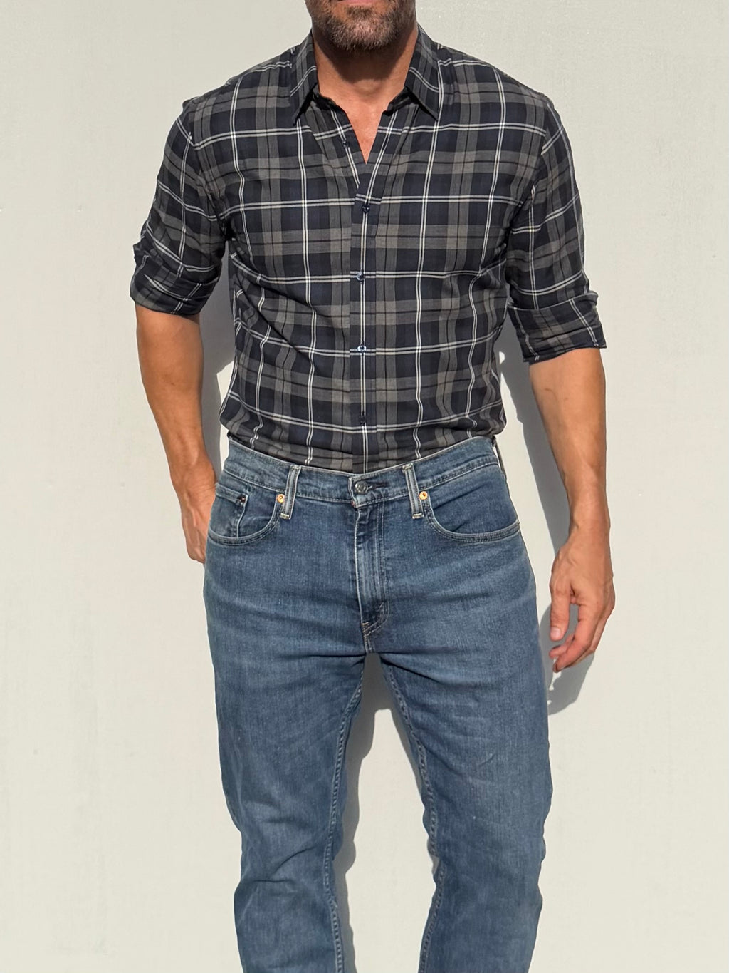 Dress Flannel - Navy, Gray & White Plaid