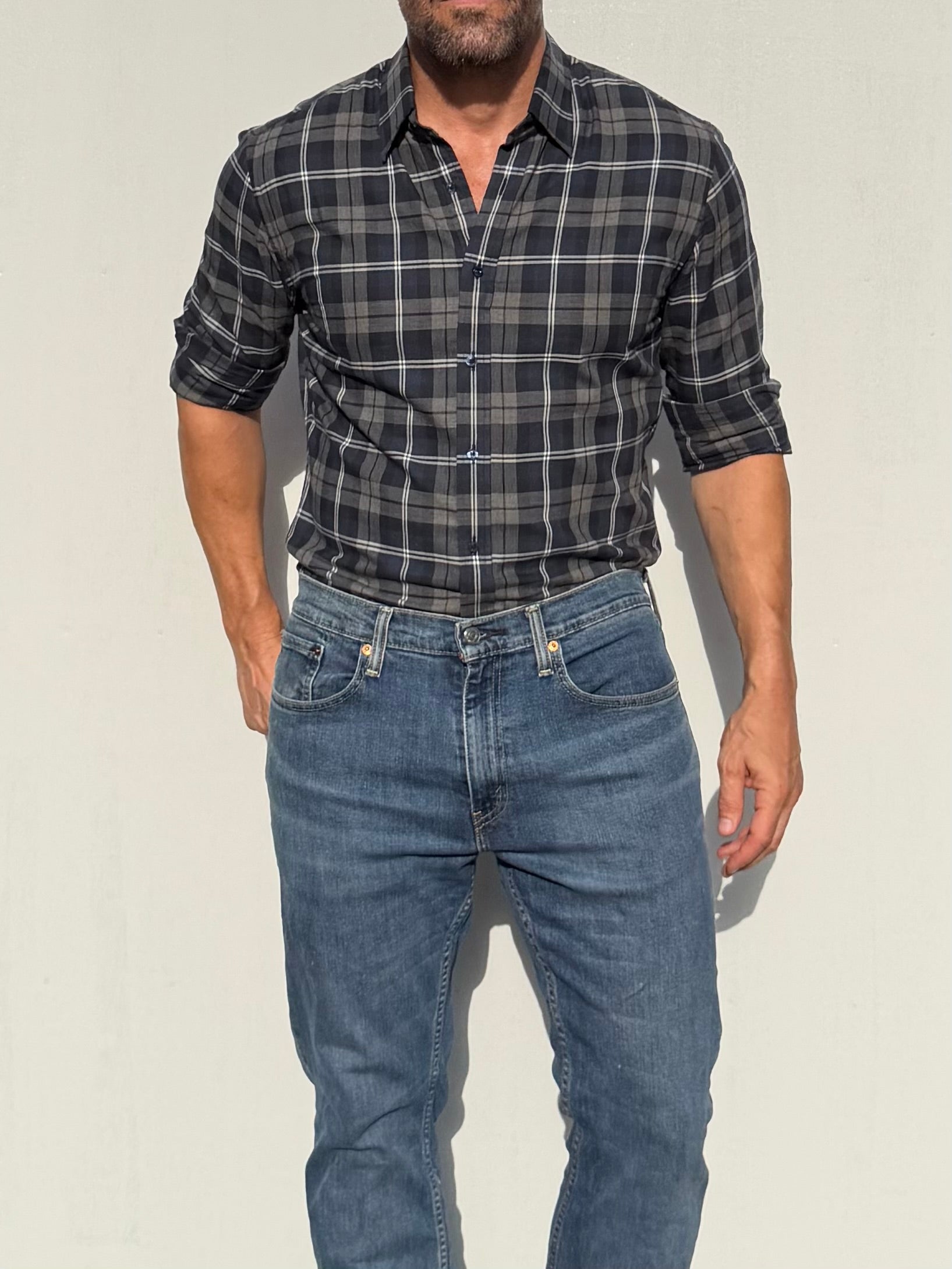 Dress Flannel - Navy, Gray & White Plaid