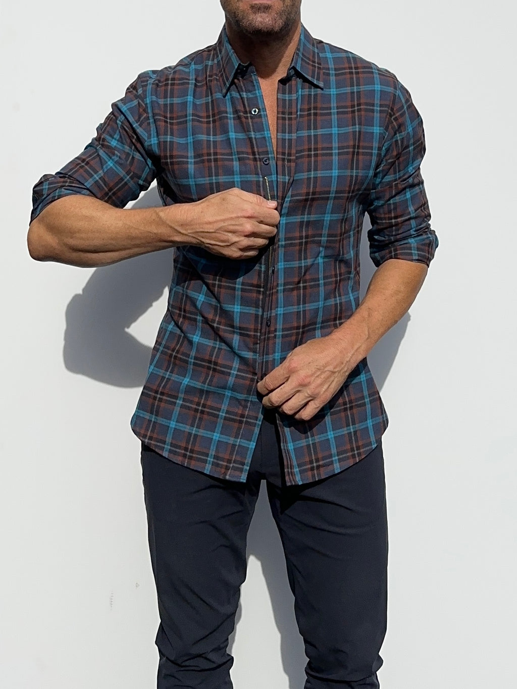 Navy, Aqua & Rust Plaid Flannel - Navy Aqua & Rust
