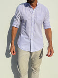 Band Collar Striped Seersucker - Lavender Stripe Seersucker Band Collar