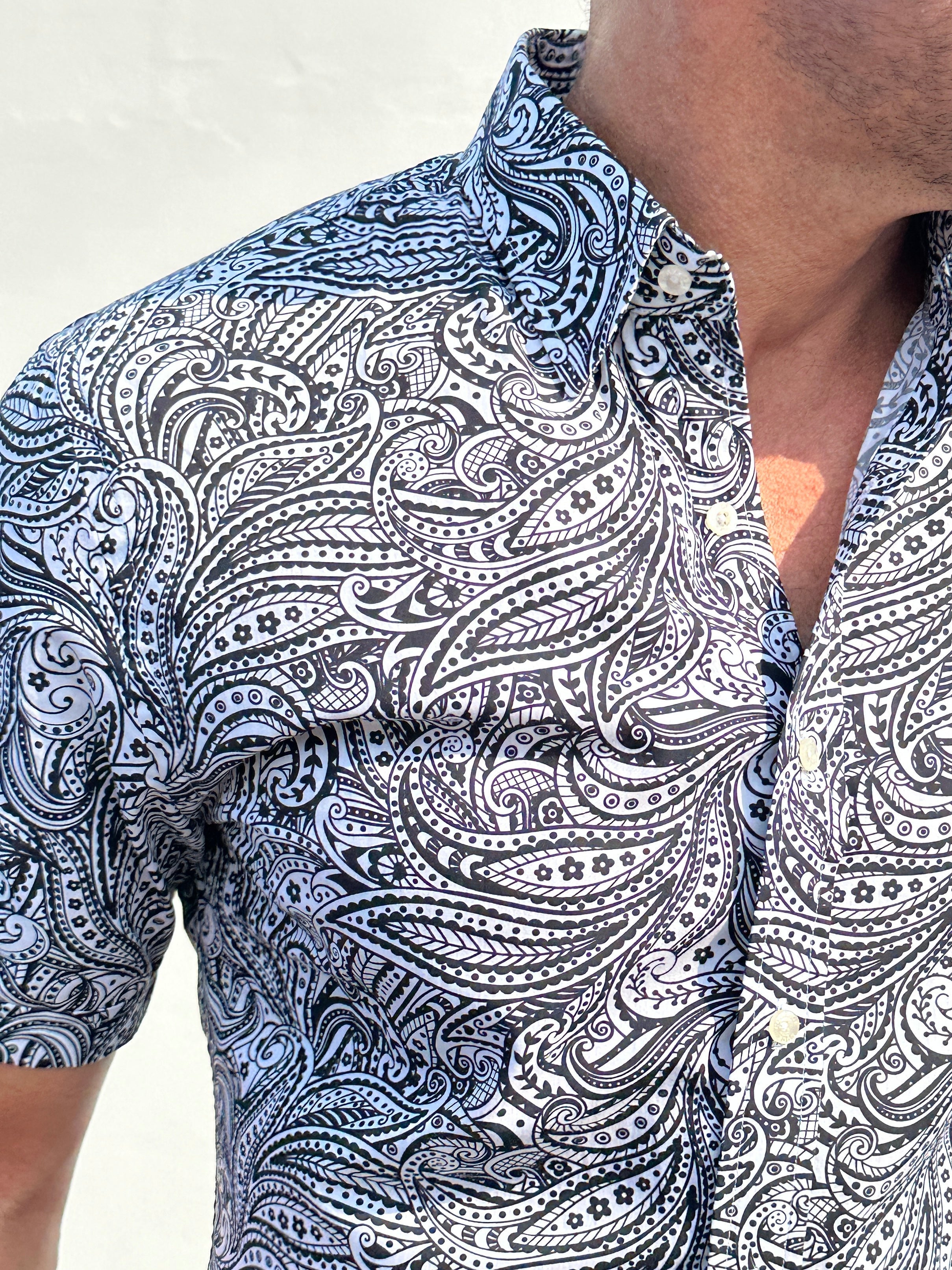 Short Sleeve Paisley Party Shirts - Navy