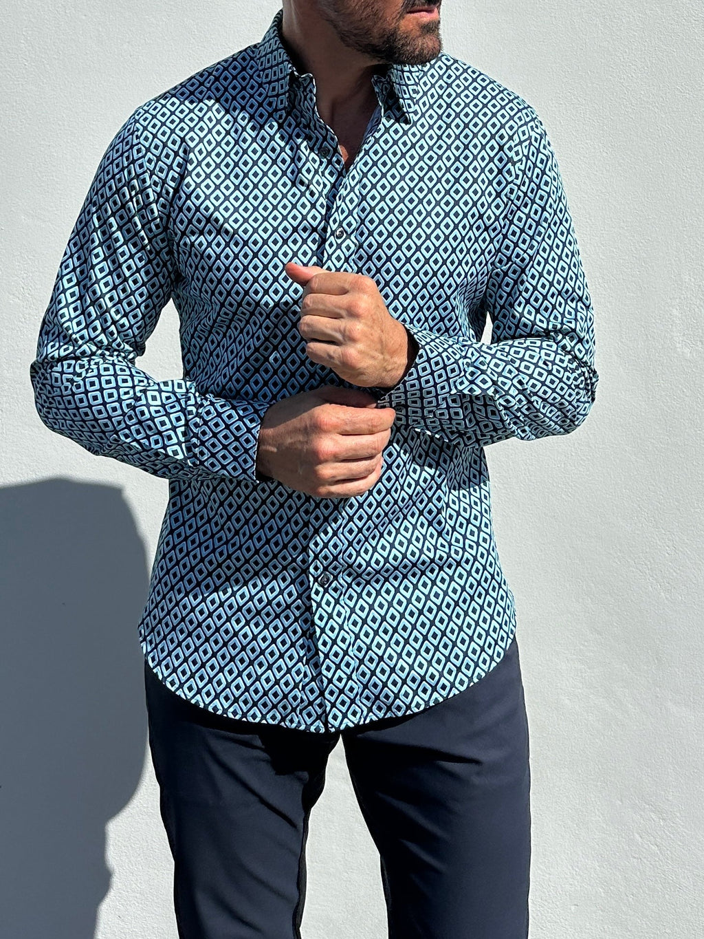 Diamond Print Party Shirt - Mint on Navy