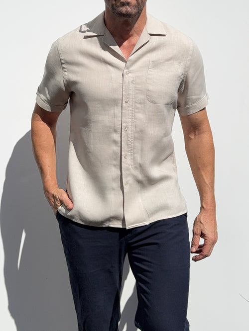 Linen Camp Collar Shirt - Stone- Small Batch #680