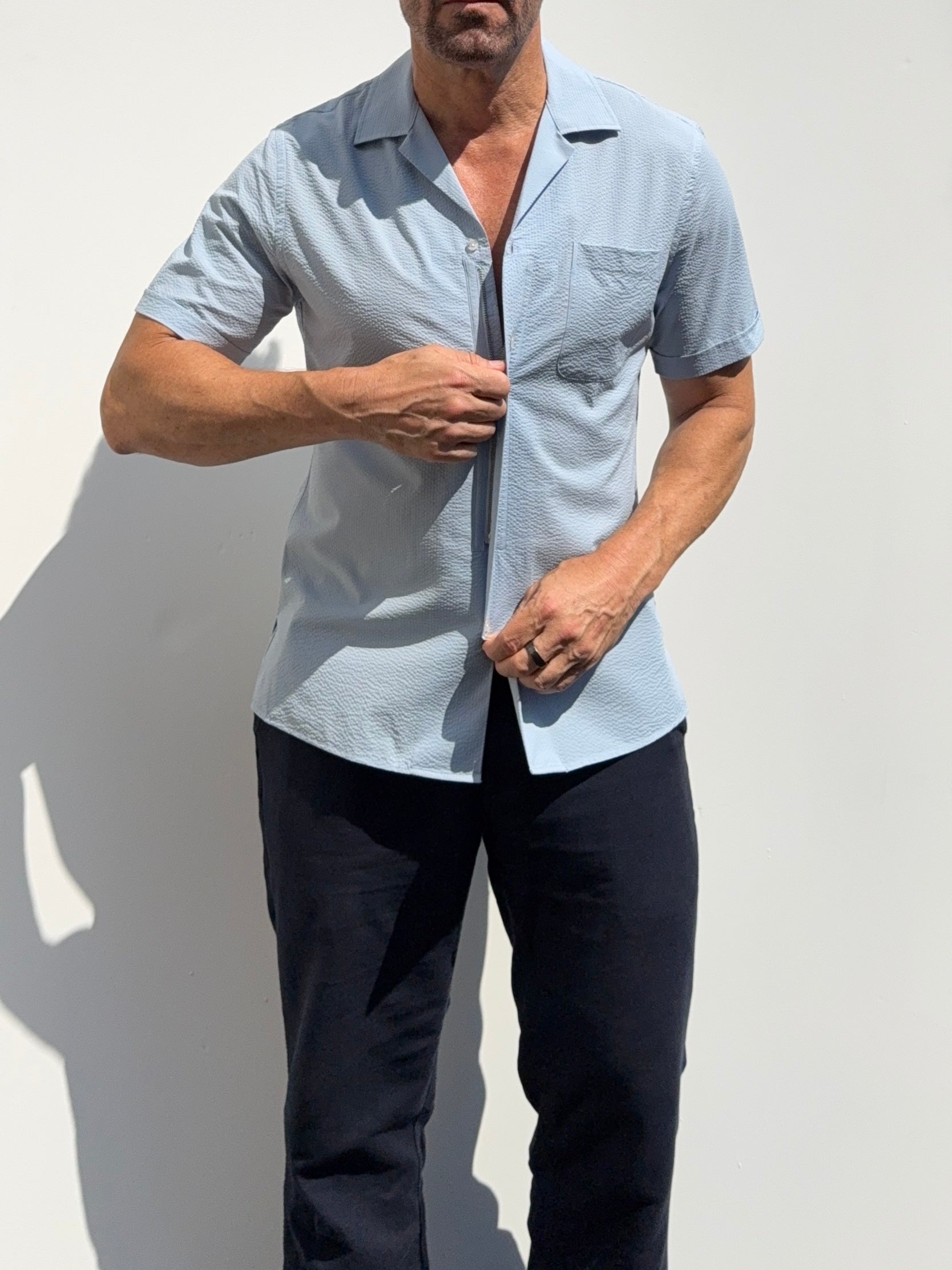 Seersucker Camp Collar- Light Blue- Small Batch #696