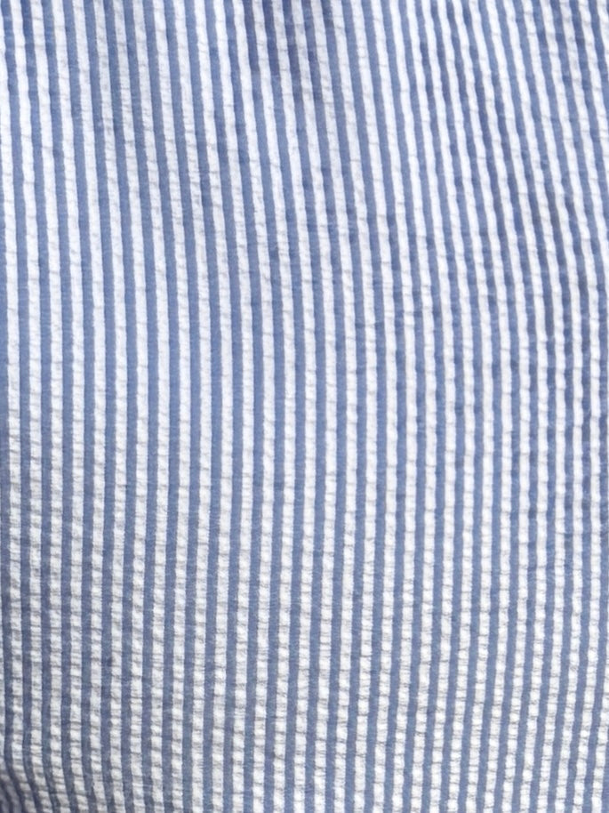 Band Collar Striped Seersucker - Blue Stripe Seersucker Band Collar