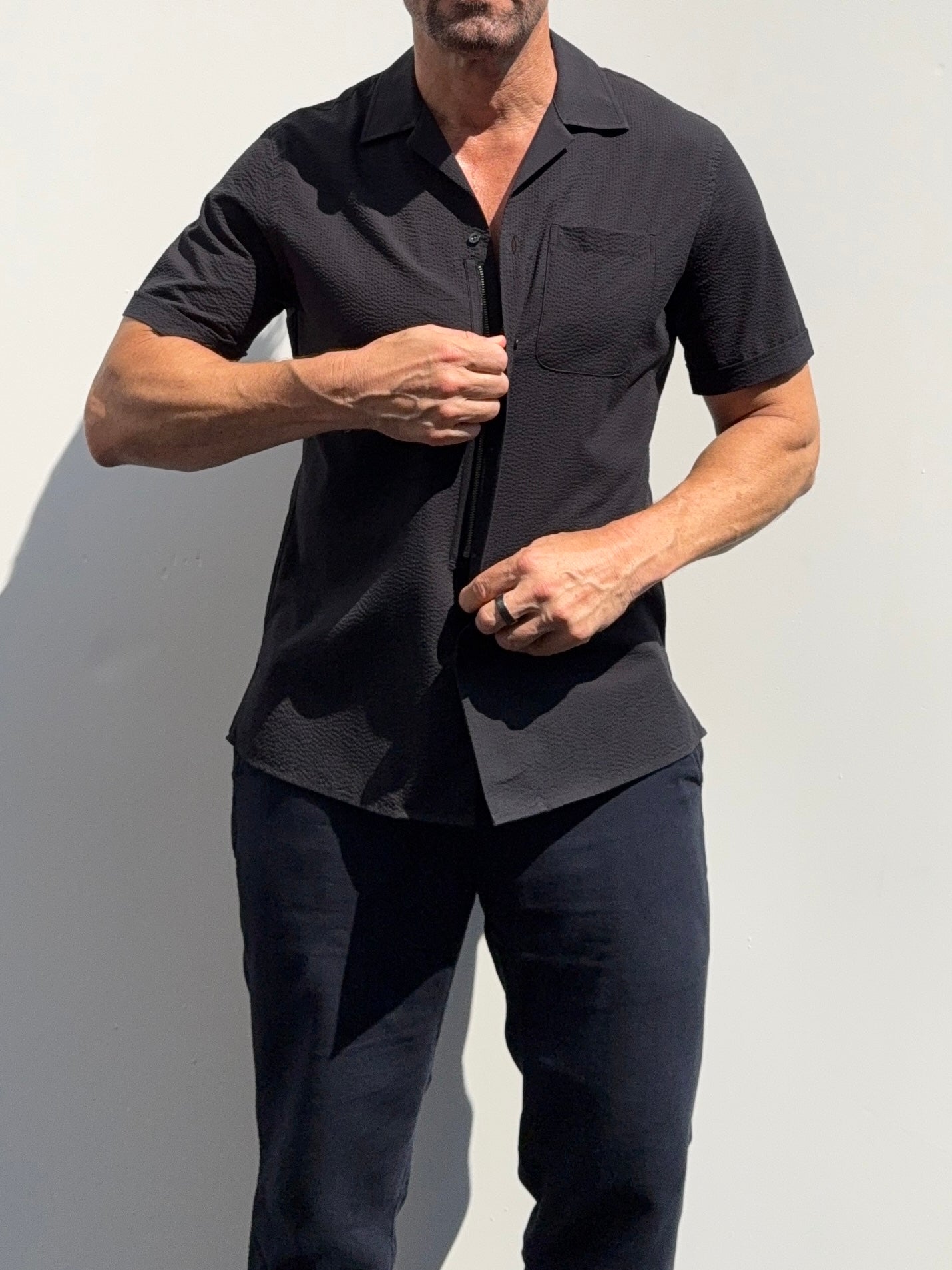 Seersucker Camp Collar- Black- Small Batch #697