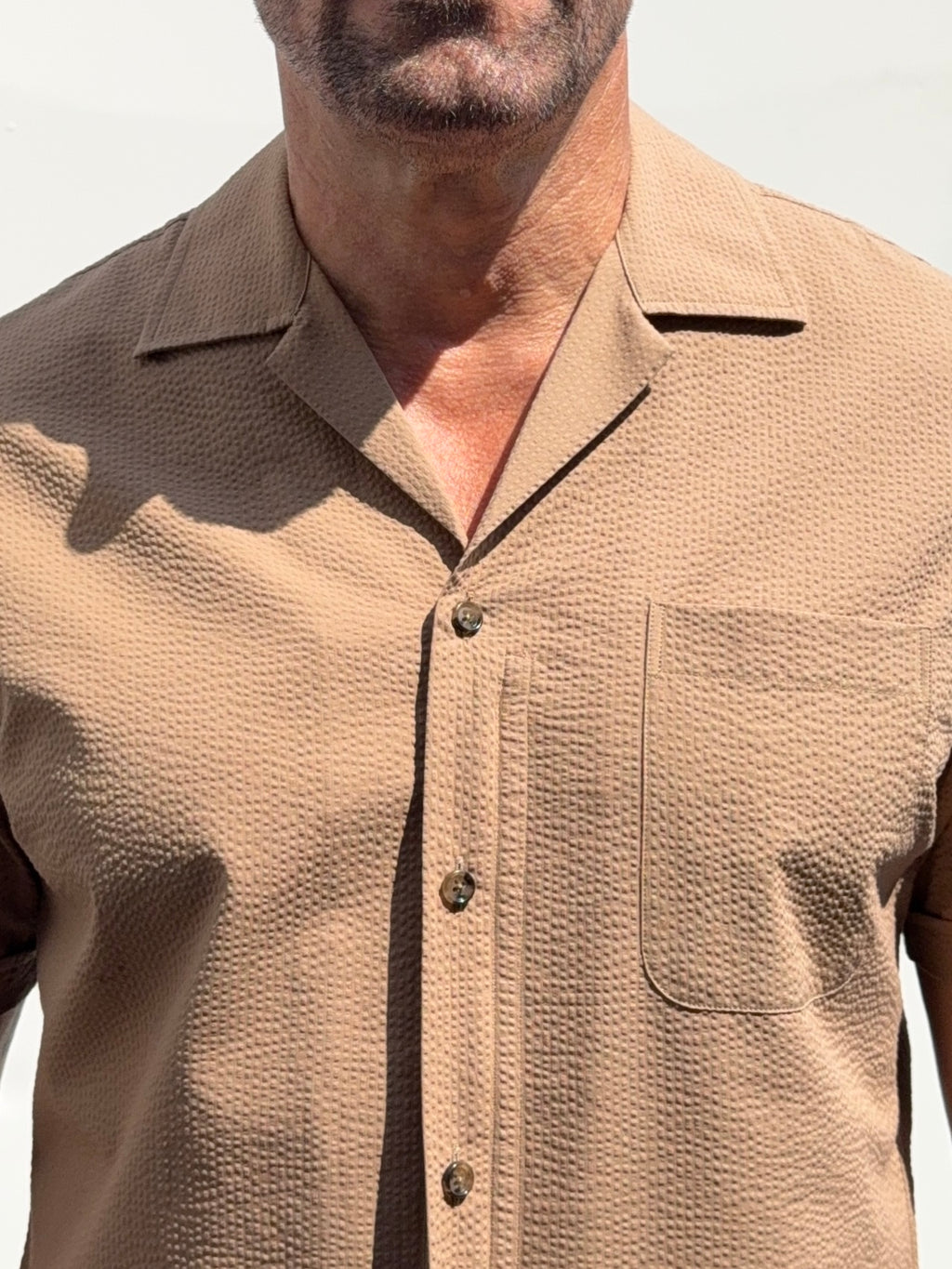 Seersucker Camp Collar- Camel- Small Batch #698