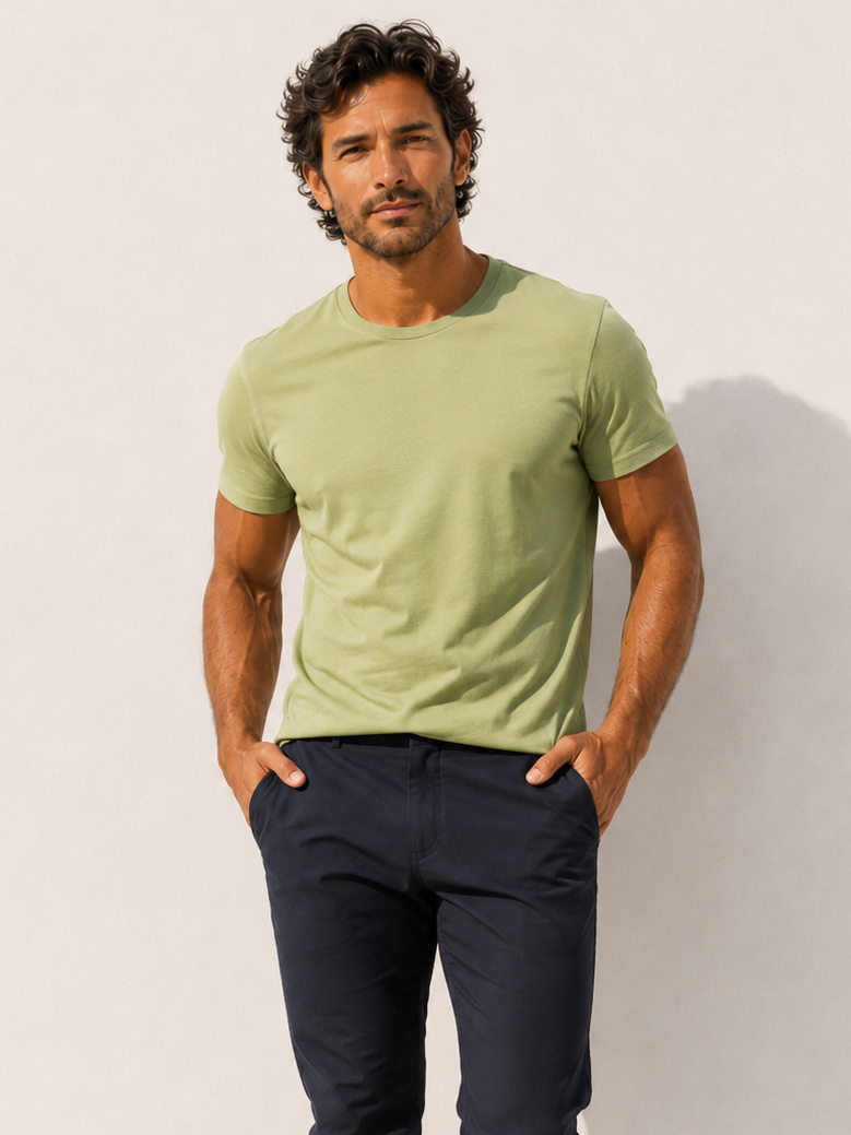 A man standing barefoot against a white wall, wearing a light sage green short-sleeve crewneck t-shirt and dark navy blue pants.