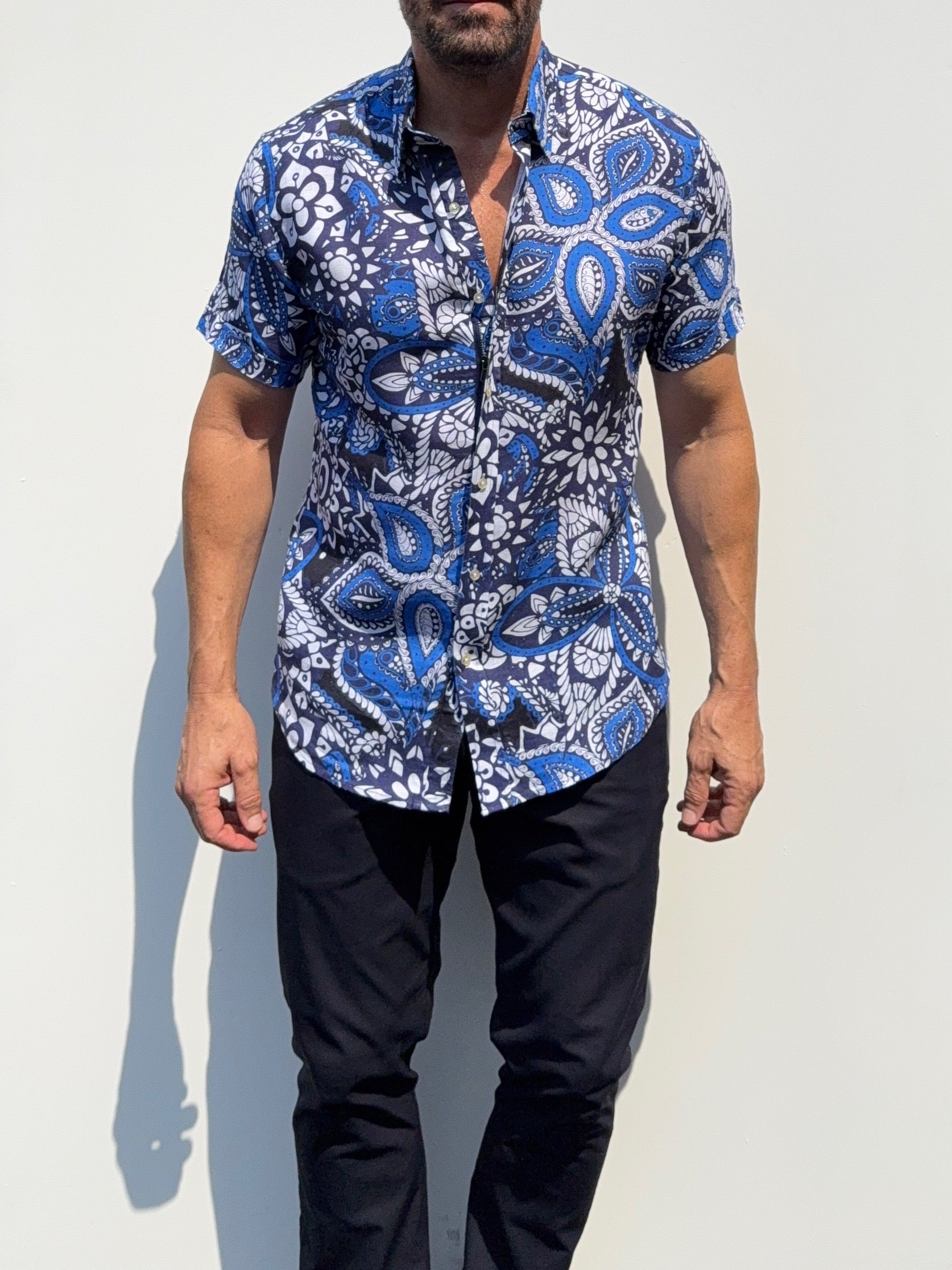 Blue Paisley Party Shirt on Linen- Small Batch #686 0 (XS)