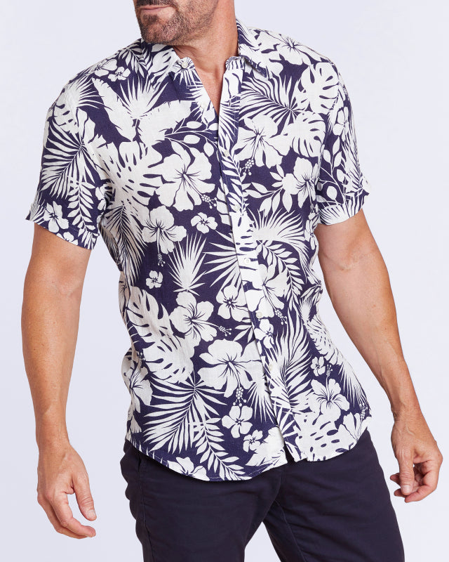 Linen Floral Party Shirt - White Flowers on Blue