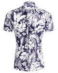 Linen Floral Party Shirt - White Flowers on Blue