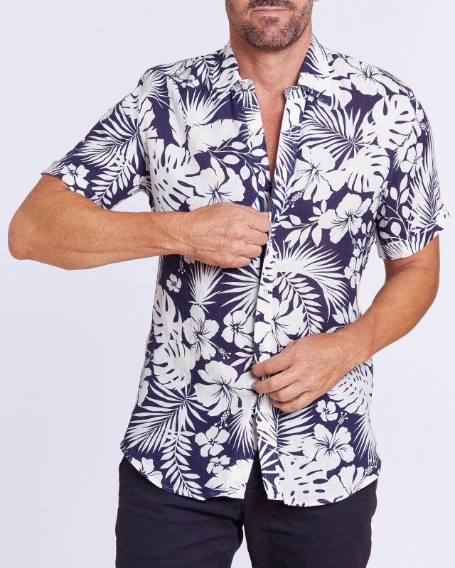 Linen Floral Party Shirt - White Flowers on Blue